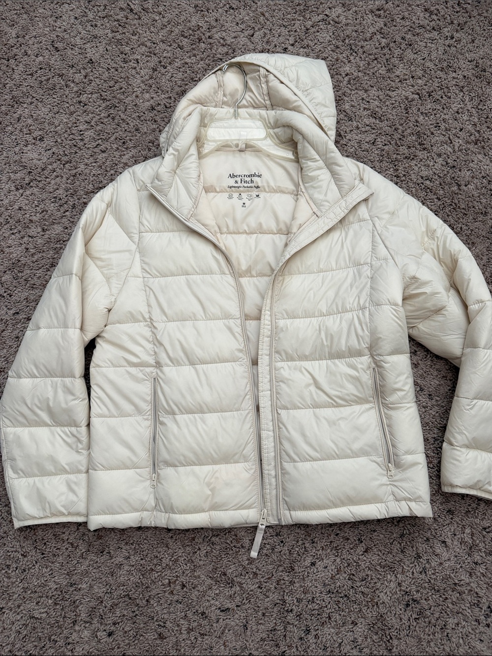 Abercrombie & Fitch Cream Quilted Puffer Jacket with Hood
